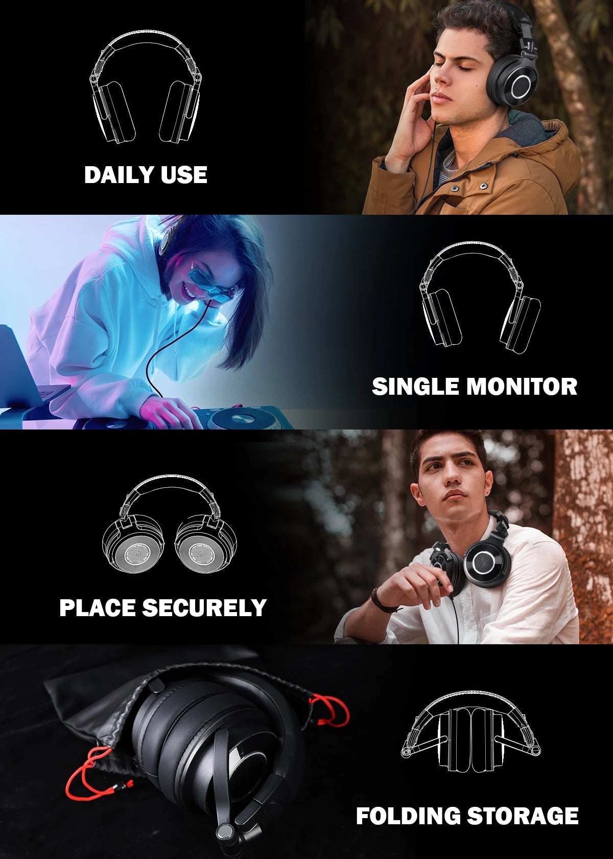 Auscultadores OneOdio Monitor 60 com fio, Hi-Fi, auscultadores profissionais de estúdio para DJ com driver de 50 mm, auscultadores estéreo sobre a orelha, cabo destacável e microfone