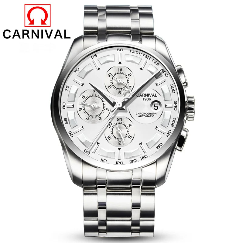 Carnival Brand Luxury Stainless Steel Multifunction Mechanical Watch for Men Waterproof Luminous Hands Calendar Fashion Watches