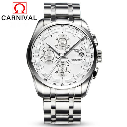 Carnival Brand Luxury Stainless Steel Multifunction Mechanical Watch for Men Waterproof Luminous Hands Calendar Fashion Watches