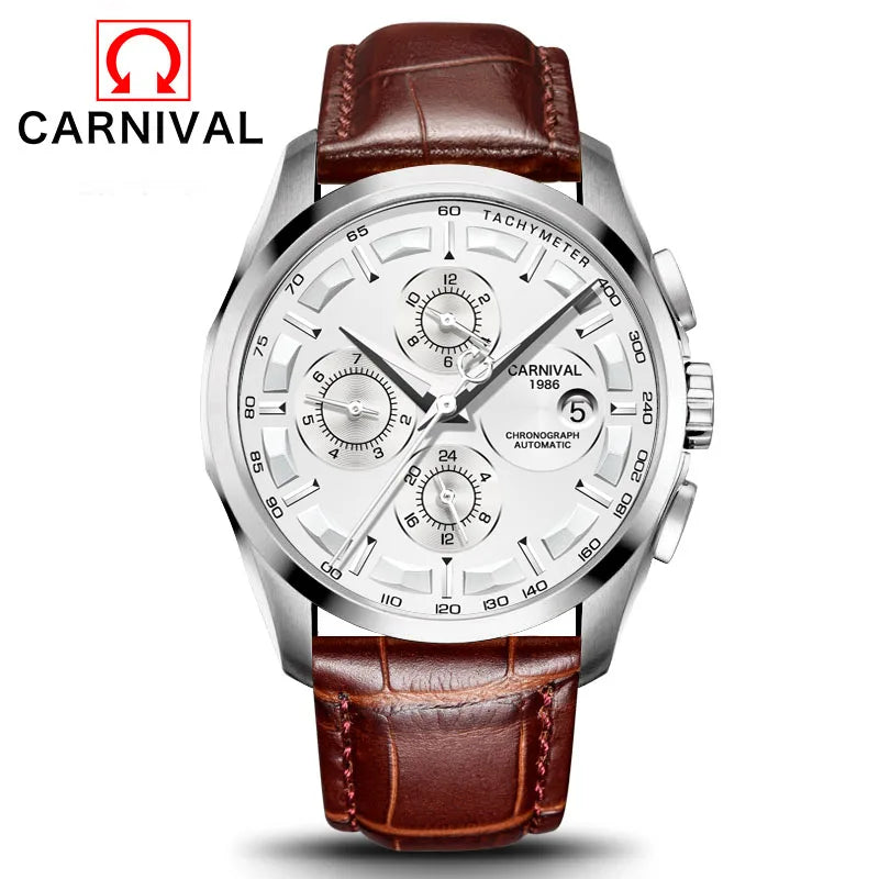 Carnival Brand Luxury Stainless Steel Multifunction Mechanical Watch for Men Waterproof Luminous Hands Calendar Fashion Watches