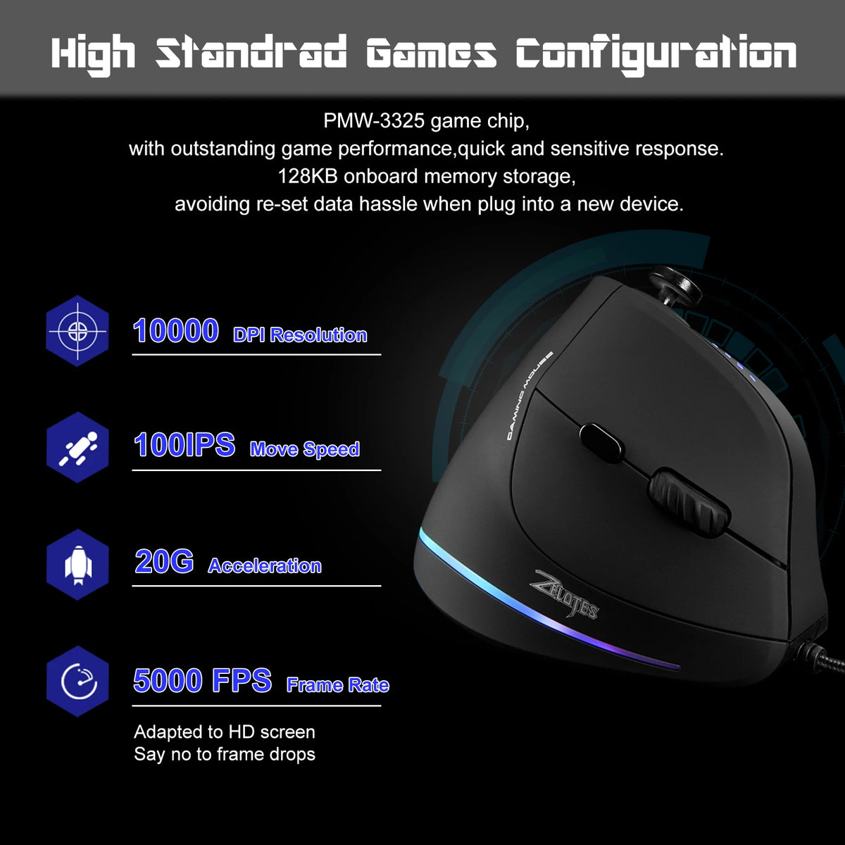 ZELOTES C18 Wired Vertical Ergonomic Gaming Mouse, 10000 DPI RGB Programmable Laser Mouse with 11 Buttons for PC Computer
