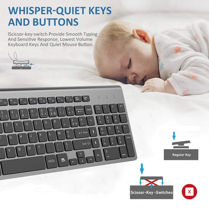 French Wireless Keyboard Ultra Slim 2.4G Silent Compact Energy Saving AZERTY Layout Keyboard Set for Windows PC Laptop