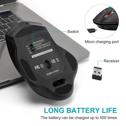 Mouse gaming wireless ricaricabile 2.4G, mouse ergonomico USB per computer con retroilluminazione RGB, per laptop e PC