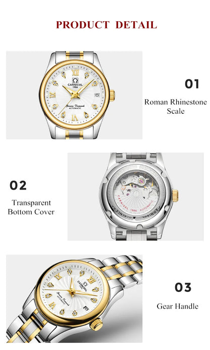 CARNIVAL Brand Luxury Mechanical Watch for Women Ladies Fashion Sapphire Automatic Movement Wristwatches Waterproof Reloj Mujer