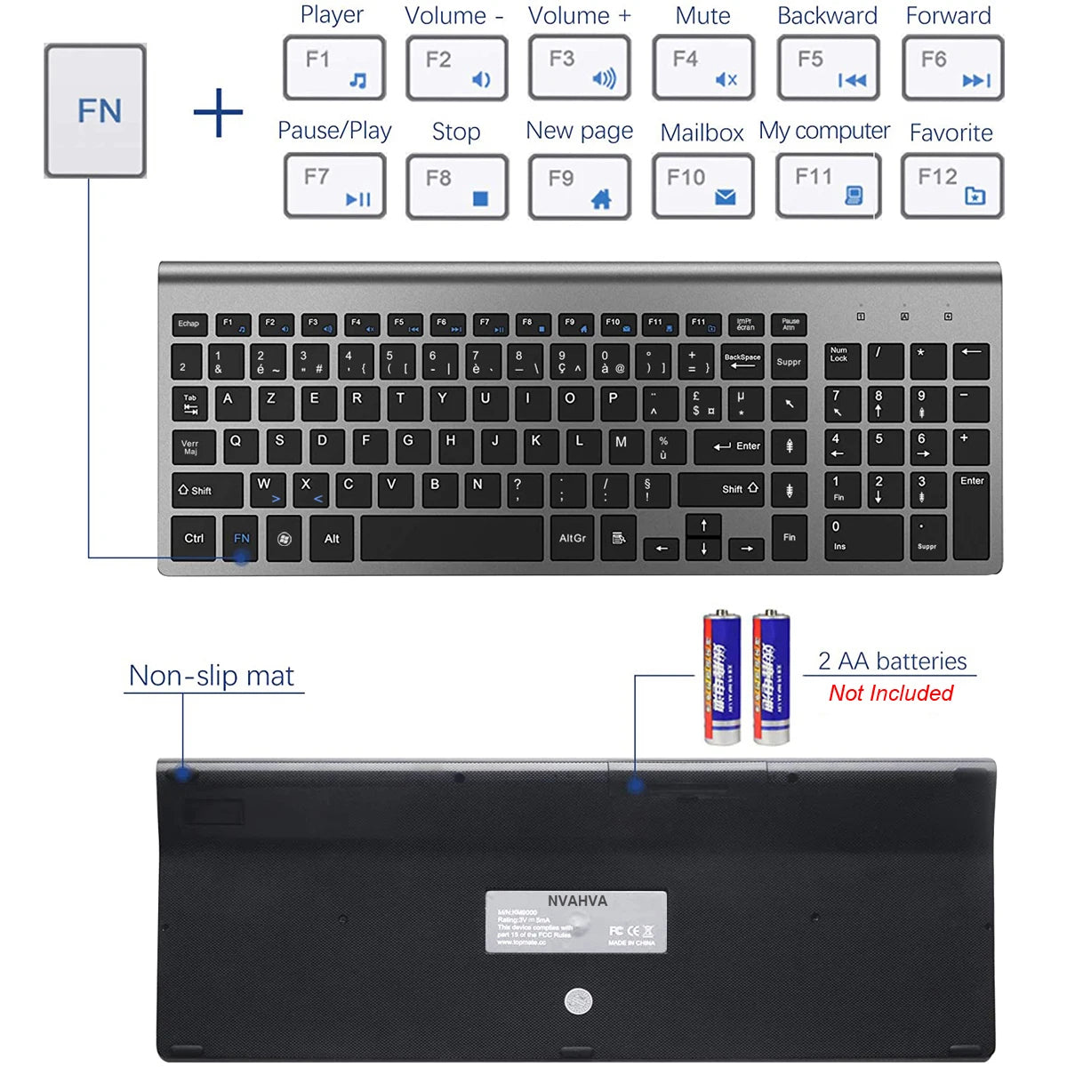 French Wireless Keyboard Ultra Slim 2.4G Silent Compact Energy Saving AZERTY Layout Keyboard Set for Windows PC Laptop