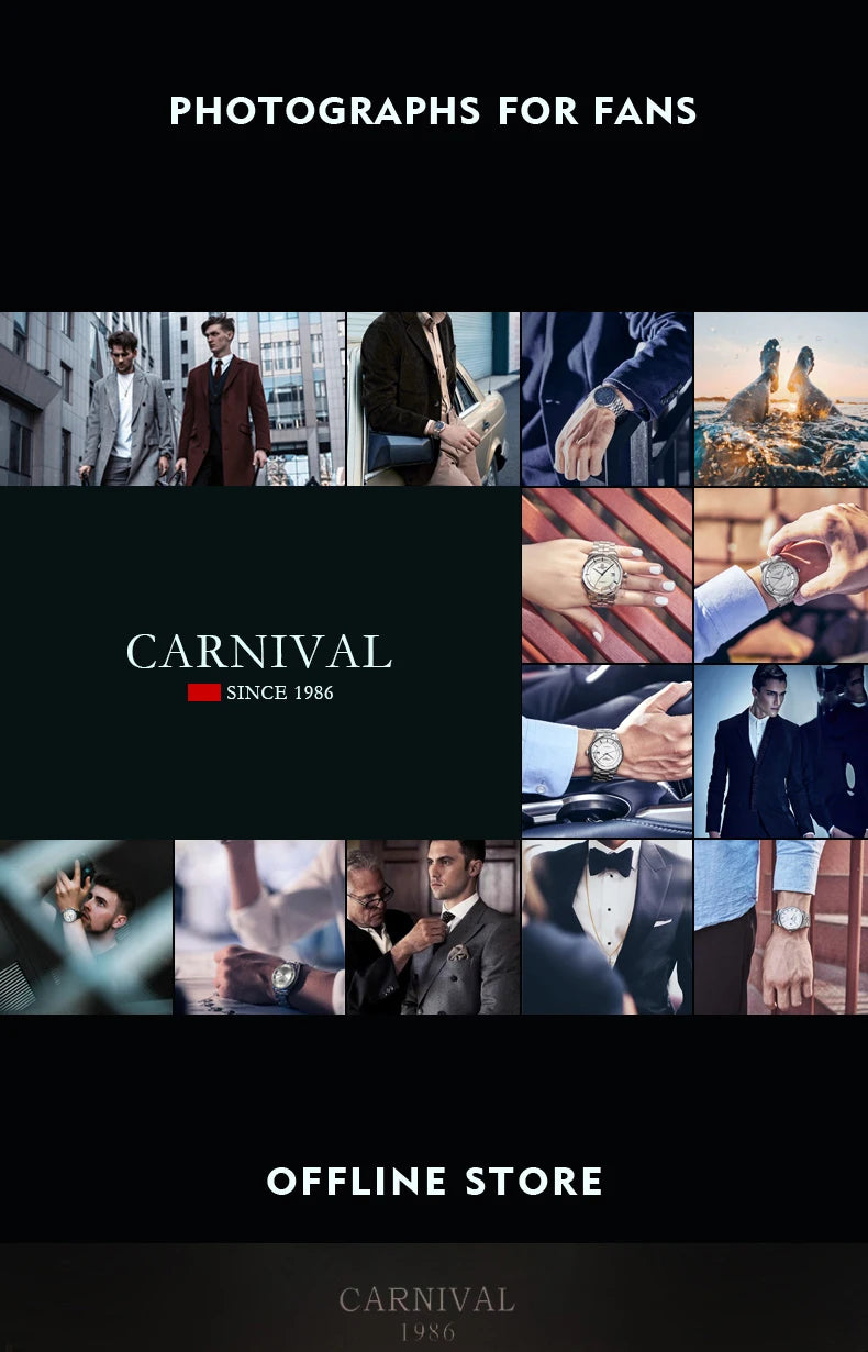 Carnival Brand Luxury Stainless Steel Multifunction Mechanical Watch for Men Waterproof Luminous Hands Calendar Fashion Watches