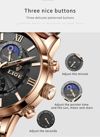 2025 New Mens Watches LIGE Top Brand Luxury Leather Casual Quartz Watch Men's Sport Waterproof Clock Watch Relogio Masculino+Box