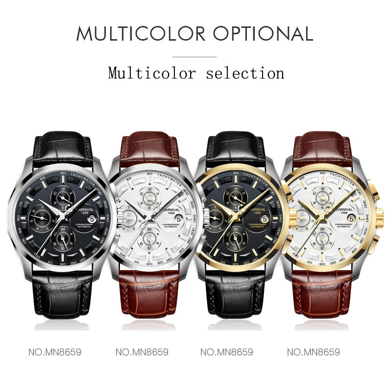 Carnival Brand Luxury Stainless Steel Multifunction Mechanical Watch for Men Waterproof Luminous Hands Calendar Fashion Watches
