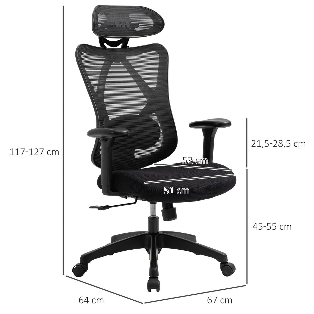 Vinsetto Ergonomic Swivel Office Chair with Adjustable Headrest, 2D Armrests, Lumbar Support, Height Adjustable Mesh Office Chair, Black