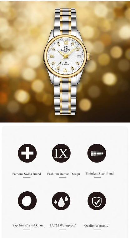 CARNIVAL Brand Luxury Mechanical Watch for Women Ladies Fashion Sapphire Automatic Movement Wristwatches Waterproof Reloj Mujer