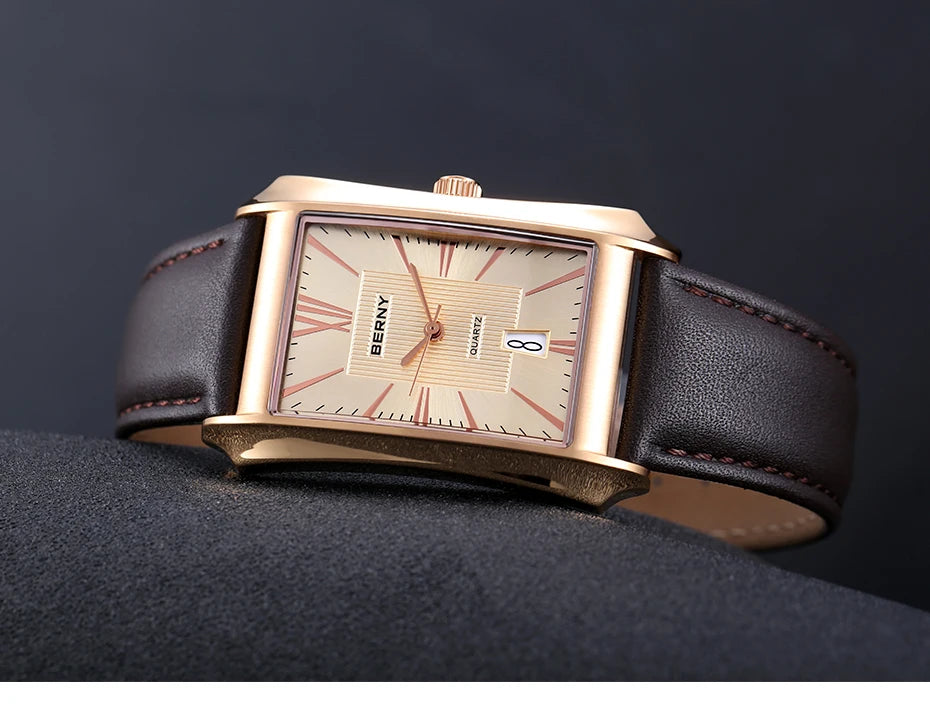 BERNY Watch for Men Rectangle Japan Quartz Wristwatch Waterproof Business Rectangular Dress Male Clock Top Genuine Leather Strap