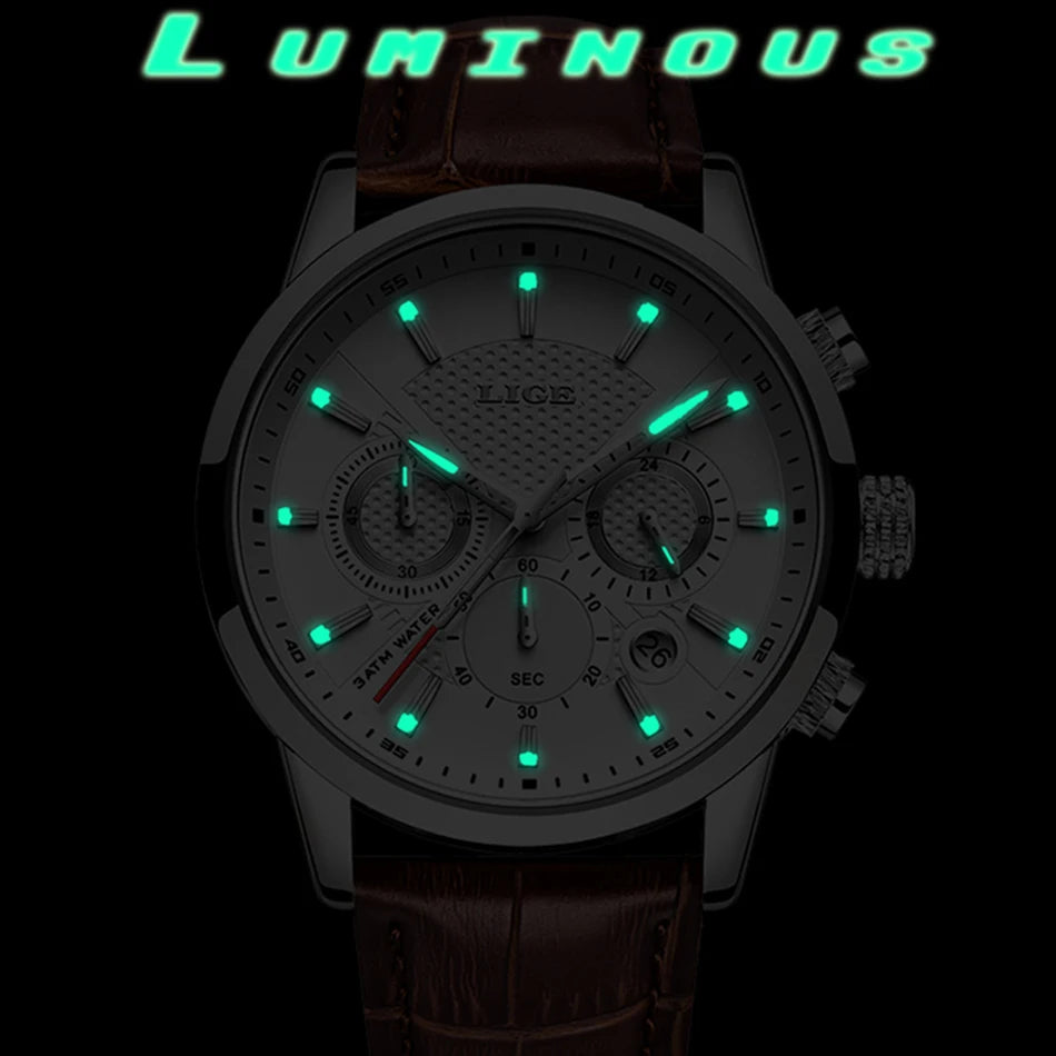 2025 New Mens Watches LIGE Top Brand Luxury Leather Casual Quartz Watch Men's Sport Waterproof Clock Watch Relogio Masculino+Box