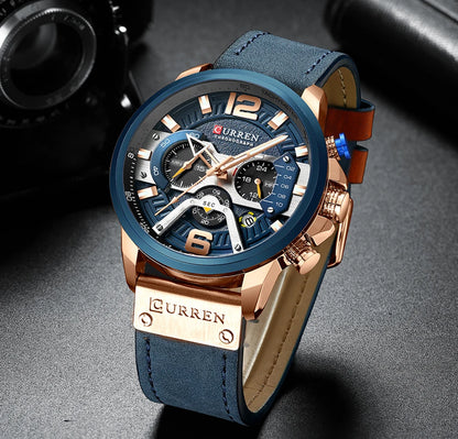 CURREN Men’s Luxury Sport Chronograph Watch Blue Dial, Leather Strap & Military Design