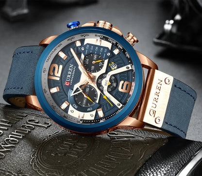 CURREN Men’s Luxury Sport Chronograph Watch Blue Dial, Leather Strap & Military Design