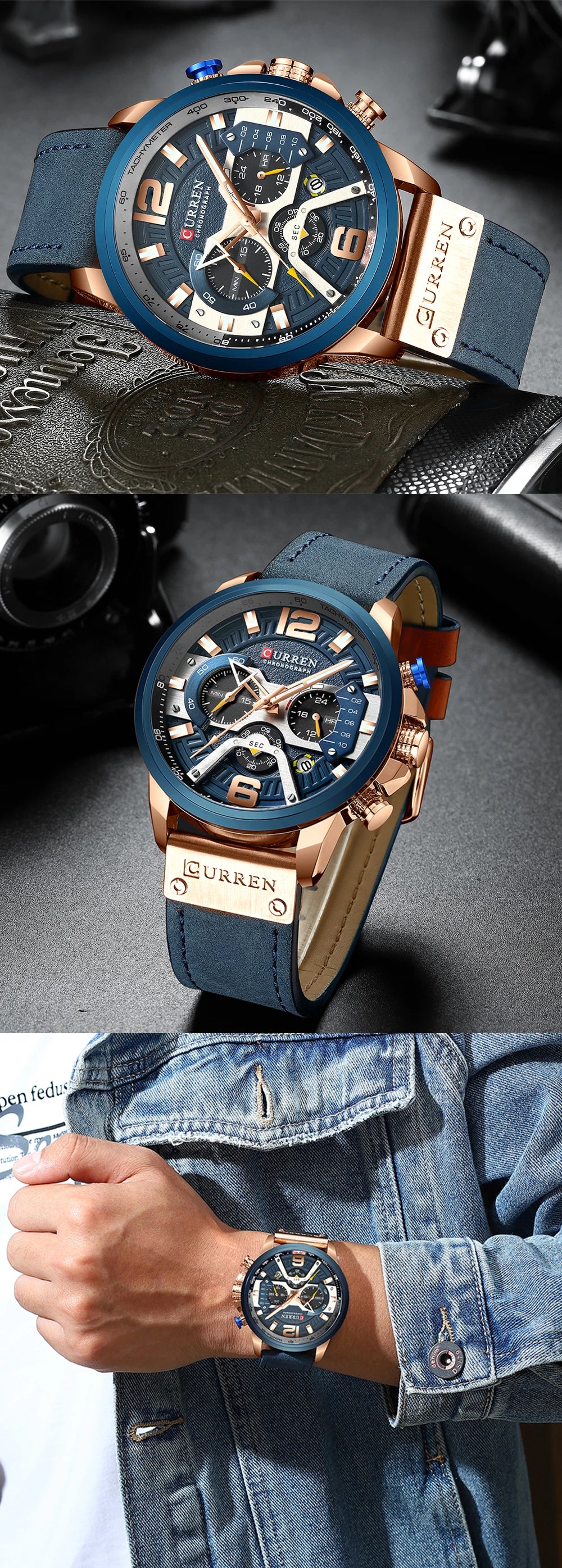CURREN Men’s Luxury Sport Chronograph Watch Blue Dial, Leather Strap & Military Design