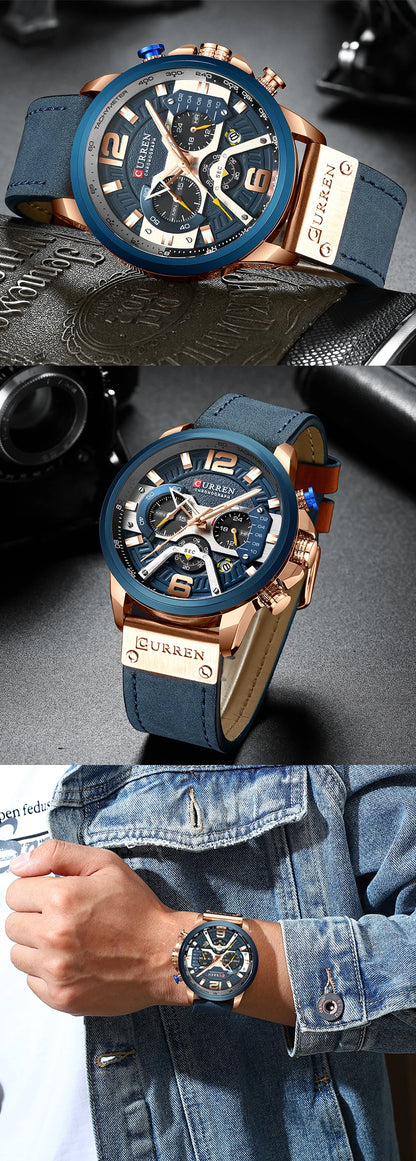 CURREN Men’s Luxury Sport Chronograph Watch Blue Dial, Leather Strap & Military Design