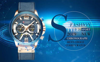CURREN Men’s Luxury Sport Chronograph Watch Blue Dial, Leather Strap & Military Design