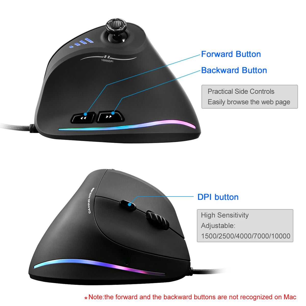 ZELOTES C18 Wired Vertical Ergonomic Gaming Mouse, 10000 DPI RGB Programmable Laser Mouse with 11 Buttons for PC Computer