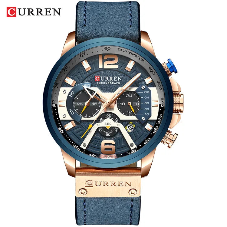 CURREN Men’s Luxury Sport Chronograph Watch Blue Dial, Leather Strap & Military Design