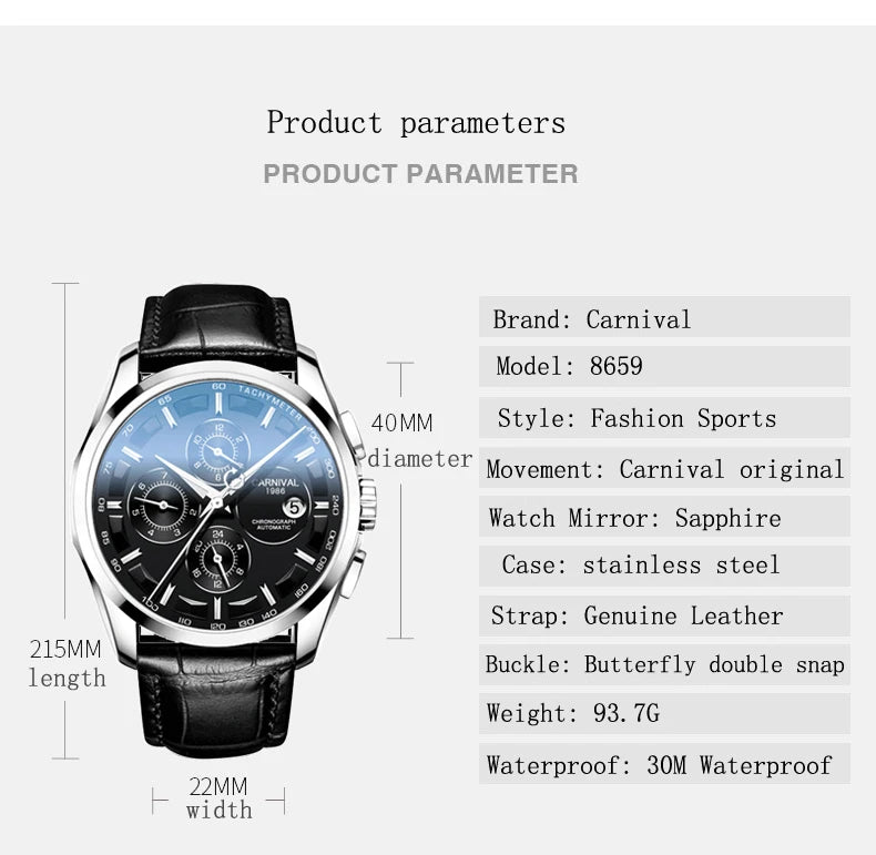 Carnival Brand Luxury Stainless Steel Multifunction Mechanical Watch for Men Waterproof Luminous Hands Calendar Fashion Watches