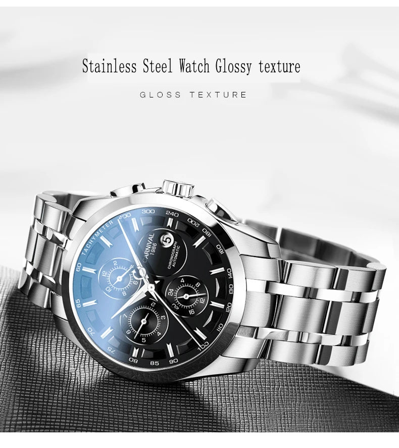 Carnival Brand Luxury Stainless Steel Multifunction Mechanical Watch for Men Waterproof Luminous Hands Calendar Fashion Watches