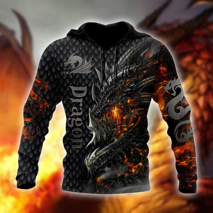 Krásná pánská unisex mikina s kapucí s celoplošným 3D potiskem ohnivého draka, podzimní streetwear, ležérní bunda, tepláková souprava KJ749