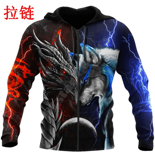 Červeno-modrý drak a vlk 3D tištěná módní pánská podzimní mikina s kapucí, unisex streetwear, ležérní mikina na zip / pulovr KJ494