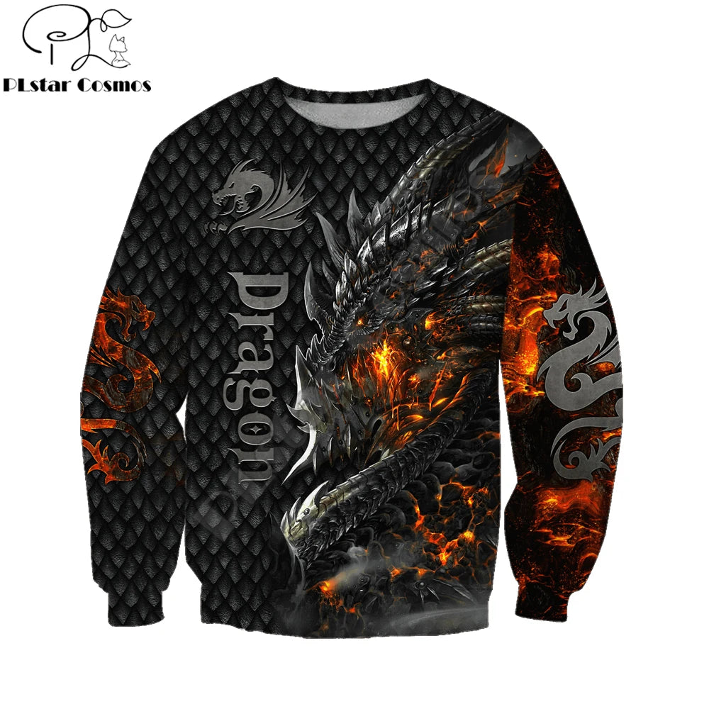 Krásná pánská unisex mikina s kapucí s celoplošným 3D potiskem ohnivého draka, podzimní streetwear, ležérní bunda, tepláková souprava KJ749