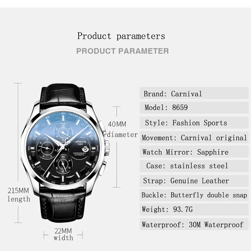 Carnival Brand Luxury Stainless Steel Multifunction Mechanical Watch for Men Waterproof Luminous Hands Calendar Fashion Watches