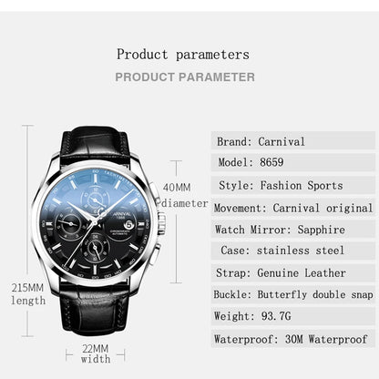 Carnival Brand Luxury Stainless Steel Multifunction Mechanical Watch for Men Waterproof Luminous Hands Calendar Fashion Watches
