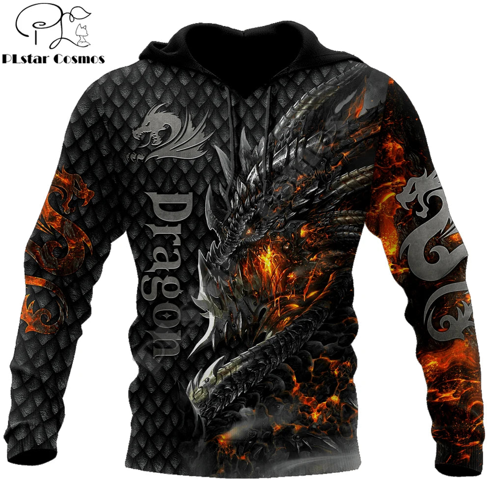 Krásná pánská unisex mikina s kapucí s celoplošným 3D potiskem ohnivého draka, podzimní streetwear, ležérní bunda, tepláková souprava KJ749
