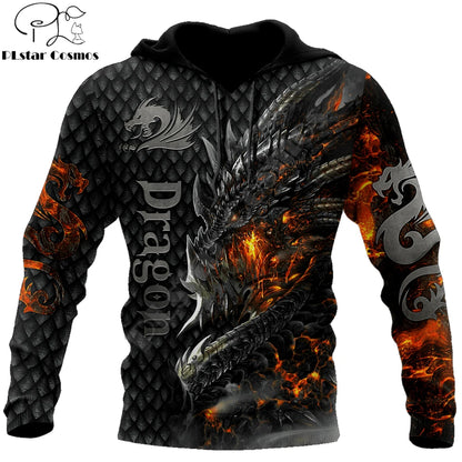 Krásná pánská unisex mikina s kapucí s celoplošným 3D potiskem ohnivého draka, podzimní streetwear, ležérní bunda, tepláková souprava KJ749
