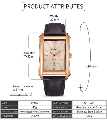 BERNY Watch for Men Rectangle Japan Quartz Wristwatch Waterproof Business Rectangular Dress Male Clock Top Genuine Leather Strap