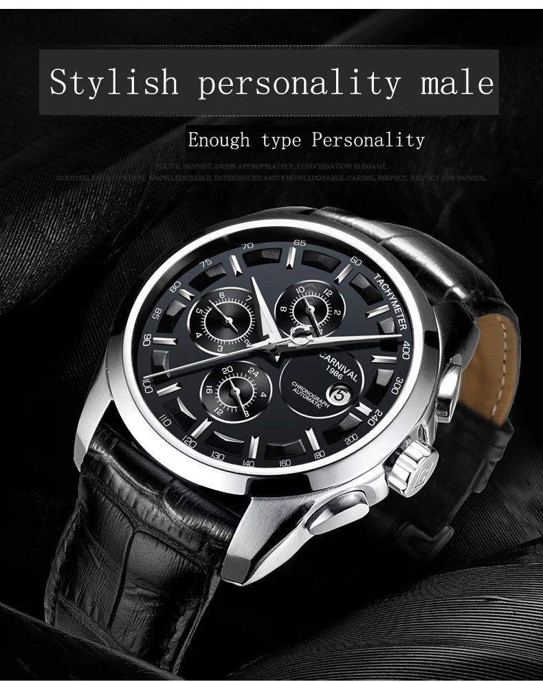 Carnival Brand Luxury Stainless Steel Multifunction Mechanical Watch for Men Waterproof Luminous Hands Calendar Fashion Watches