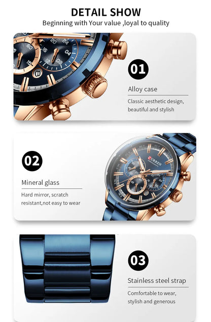Curren Men's Watch Blue Dial Stainless Steel Band Date Mens Business Male Watches Waterproof Luxuries Men Wrist Watches for Men