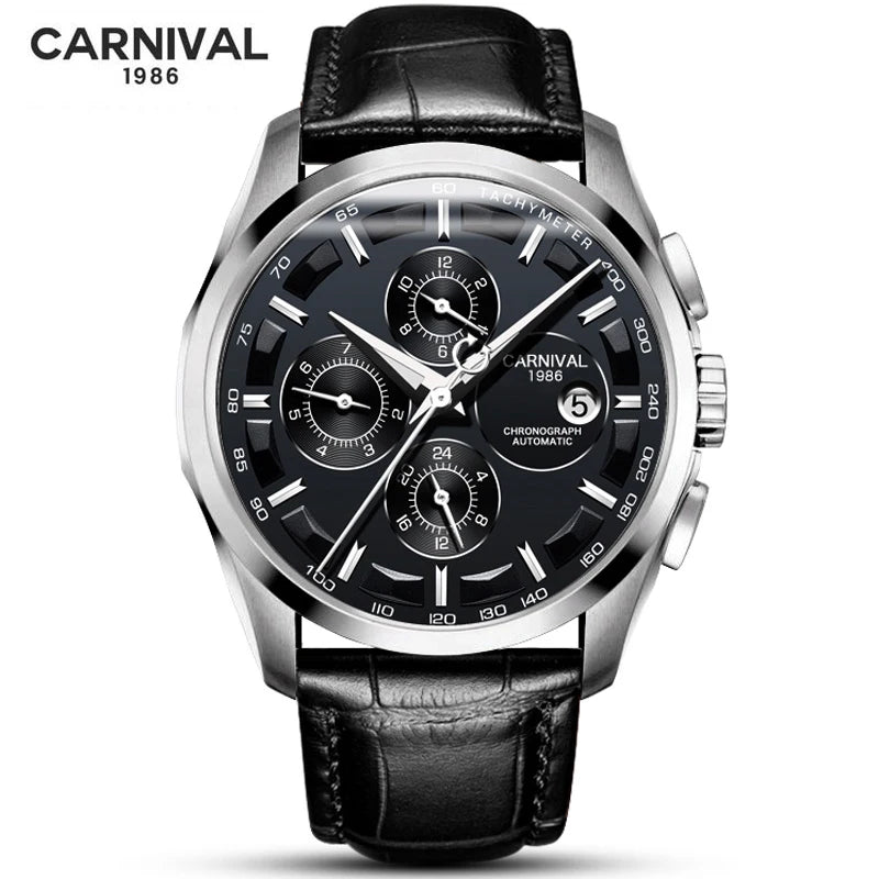 Carnival Brand Luxury Stainless Steel Multifunction Mechanical Watch for Men Waterproof Luminous Hands Calendar Fashion Watches