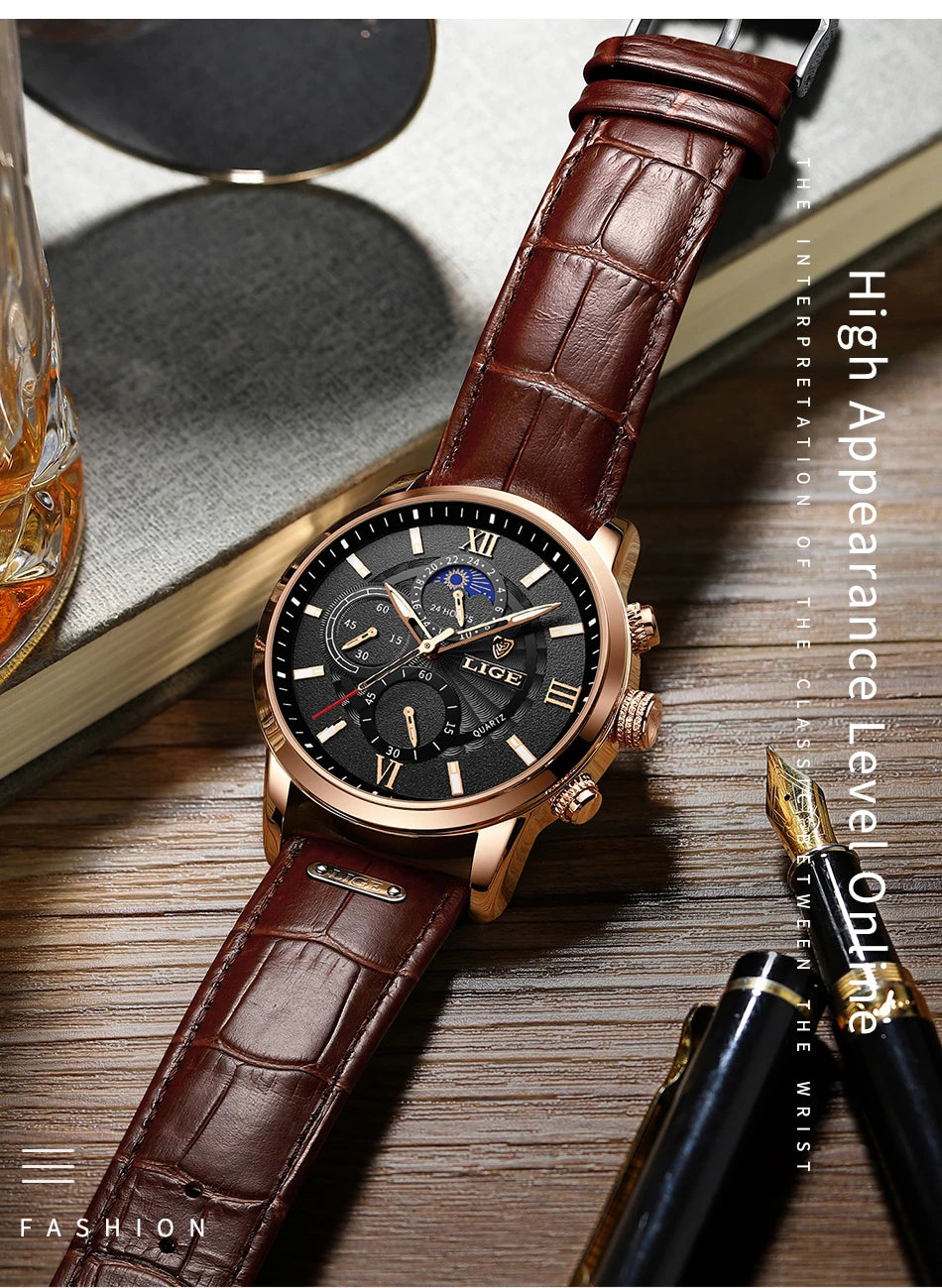 2025 New Mens Watches LIGE Top Brand Luxury Leather Casual Quartz Watch Men's Sport Waterproof Clock Watch Relogio Masculino+Box