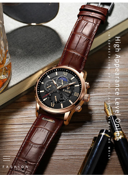 2025 New Mens Watches LIGE Top Brand Luxury Leather Casual Quartz Watch Men's Sport Waterproof Clock Watch Relogio Masculino+Box