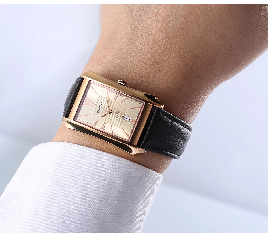BERNY Watch for Men Rectangle Japan Quartz Wristwatch Waterproof Business Rectangular Dress Male Clock Top Genuine Leather Strap