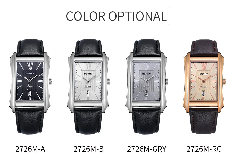 BERNY Watch for Men Rectangle Japan Quartz Wristwatch Waterproof Business Rectangular Dress Male Clock Top Genuine Leather Strap