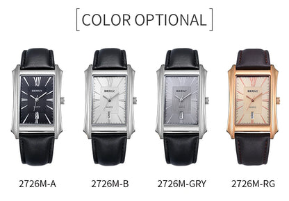 BERNY Watch for Men Rectangle Japan Quartz Wristwatch Waterproof Business Rectangular Dress Male Clock Top Genuine Leather Strap