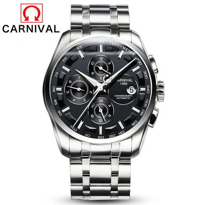 Carnival Brand Luxury Stainless Steel Multifunction Mechanical Watch for Men Waterproof Luminous Hands Calendar Fashion Watches
