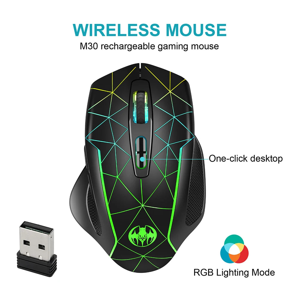 Mouse gaming wireless ricaricabile 2.4G, mouse ergonomico USB per computer con retroilluminazione RGB, per laptop e PC