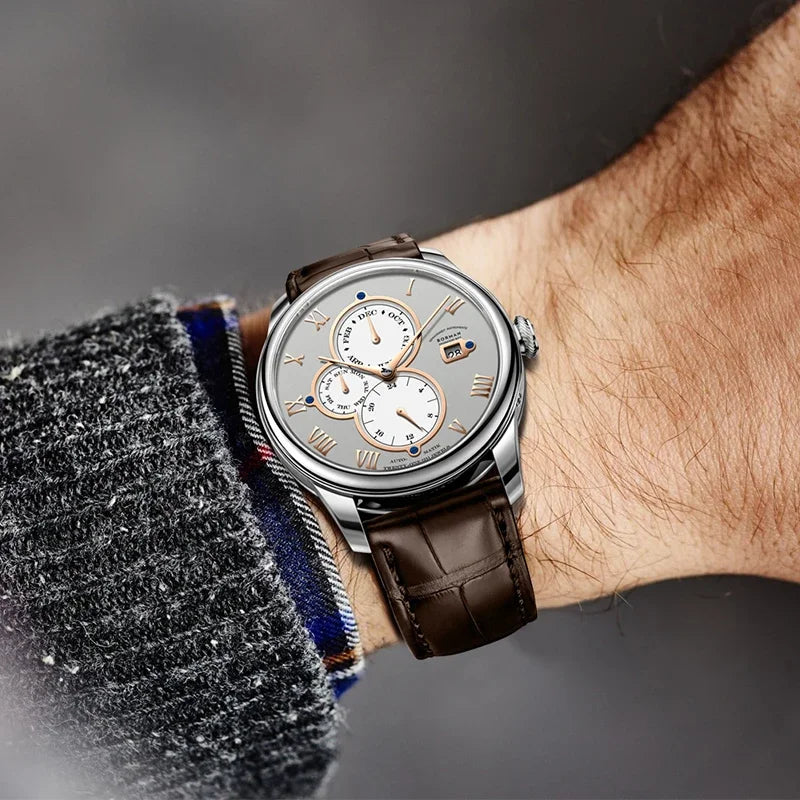 Marca de luxo BORMAN: Relógios mecânicos automáticos para homem, com cristal de safira, resistentes à água até 50 m, mostrador multifunções e bracelete em pele de estilo retro – BM18011