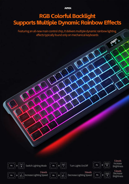 98 key Wireless Keyboard Knob Control BT/2.4g/Wired,RGB LED Backlight Display,2000mA Battery for PC/Laptop