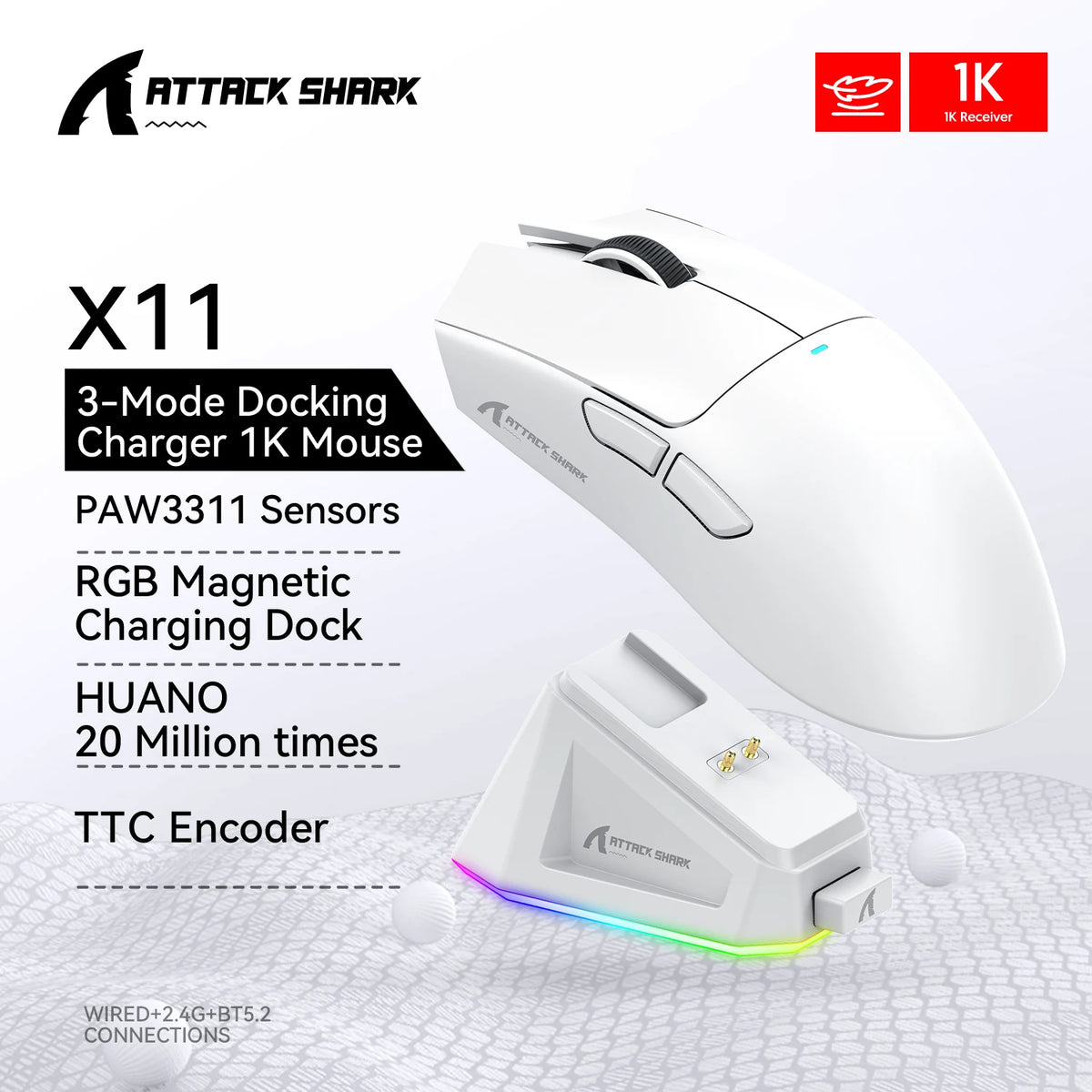 ATTACK SHARK X11 Tri-Mode Wireless Gaming Mouse 22000DPI PAW3311 Sensor Lightweight RGB Mouse with Fast Charging for PC Gaming