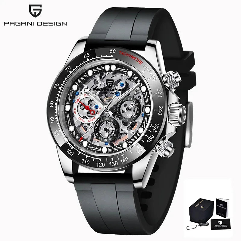 PAGANI Design - Relógio mecânico automático para homem com mostrador esqueletizado em círculo arco-íris, em aço inoxidável com cristal de safira - Relógios desportivos