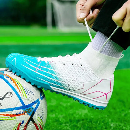 New Professional High Top Football Shoes Artificial Grass Leather Youth Students Training Soccer Shoes for Men And Women Sports