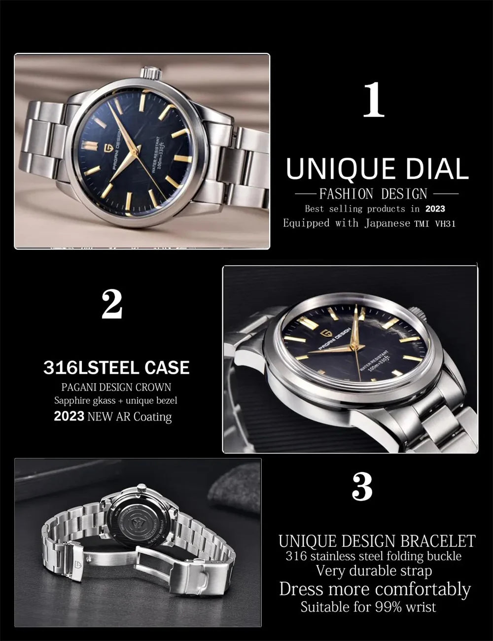 PAGANI DESIGN 40MM Orologio al quarzo da uomo con quadrante in meteorite, lusso business, zaffiro, acciaio inossidabile 316L, impermeabile 100M