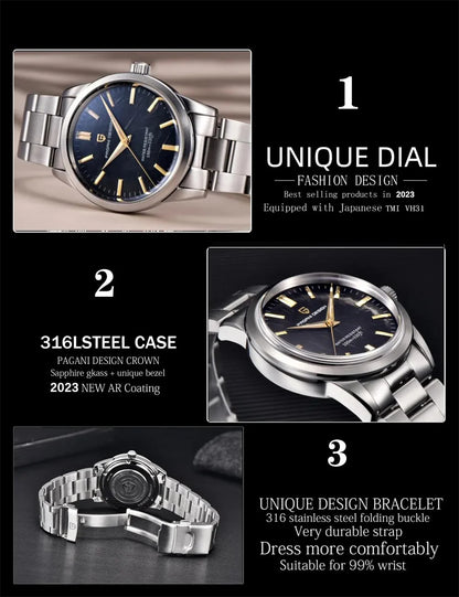 PAGANI DESIGN 40MM Orologio al quarzo da uomo con quadrante in meteorite, lusso business, zaffiro, acciaio inossidabile 316L, impermeabile 100M